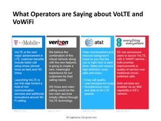 What Operators are Saying about VoLTE and
VoWiFi
Clear conversations and
reduced background
noise so you feel like
you’re right next to each
other. Make and receive
high-definition voice
calls and enjoy:
• Crisp call quality
• Less background noise
• Simultaneous voice
and data at 4G LTE
speeds
May 23, 2014
VoLTE is the next
major advancement in
LTE; customer benefits
include faster call
setup times (almost
twice as fast) and HD
Voice.
Launching VoLTE is
our first step toward a
host of rich
communication
services and additional
innovations around Wi-
Fi calling.
May 22, 2014
We believe the
combination of this
robust network along
with the new features
is going to create a
new, meaningful
experience for our
customers for their
calling needs.
HD Voice and video
calling would be the
two main services
initially offered through
VoLTE technology.
May 20, 2014
EE has announced
plans to launch VoLTE,
with a VoWiFi service…
both promise
improvements in
quality-of-service over
traditional circuitswitched
calls.
Both services are
enabled via an IMS
capability in EE’s
network.
June 20, 2014
Ali.Saghaeian [at] gmail.com
 