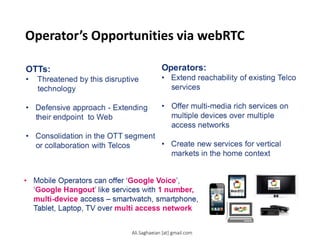 Operator’s Opportunities via webRTC
OTTs:
• Threatened by this disruptive
technology
• Defensive approach - Extending
their endpoint to Web
• Consolidation in the OTT segment
or collaboration with Telcos
Operators:
• Extend reachability of existing Telco
services
• Offer multi-media rich services on
multiple devices over multiple
access networks
• Create new services for vertical
markets in the home context
Mobile Operators can offer ‘Google Voice’,
‘Google Hangout’ like services with 1 number,
multi-device access – smartwatch, smartphone,
Tablet, Laptop, TV over multi access network
Ali.Saghaeian [at] gmail.com
 