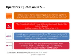 Operators’ Quotes on RCS ...
44
W hat Operators say?...
Orange believes that RCS Blackbird and VoLTE will provide together a
compelling value-proposition (as communicati on suite) to our customers
The three pillars to a true Enriched Calling experience: Audio Quality, Video
Call, Rich Sharing
Call+
operators need to deploy VoLTE and RCS services in order to offer
innovative high quality services through their unique proposition of ubiquity,
global reach, quality and privacy management.
-8th October 2014, London
Uwa users consume more voice call minute and Data per month
( Voice call minute 3 times more / Data 2.5 times more).
Ali.Saghaeian [at] gmail.com
 