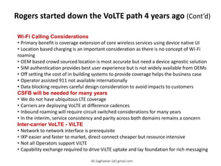 Rogers started down the VoLTE path 4 years ago (Cont’d)
Wi-Fi Calling Considerations
• Primary benefit is coverage extension of core wireless services using device native UI
• Location based charging is an important consideration as there is no concept of Wi-Fi
roaming
• OEM based crowd sourced location is most accurate but need a device agnostic solution
• SIM authentication provides best user experience but is not widely available from OEMs
• Off setting the cost of in building systems to provide coverage helps the business case
• Operator assisted 911 not available internationally
• Data blocking requires careful design consideration to avoid impacts to customers
CSFB will be needed for many years
• We do not have ubiquitous LTE coverage
• Carriers are deploying VoLTE at difference cadences
• Inbound roaming will require circuit switched considerations for many years
• In the interim, service consistency and parity across both domains remains a concern
Inter-carrier VoLTE - ViLTE
• Network to network interface is prerequisite
• IXP easier and faster to market, direct connect cheaper but resource intensive
• Not all Operators support ViLTE
• Capability exchange required to drive ViLTE uptake and lay foundation for rich messaging
Ali.Saghaeian [at] gmail.com
 