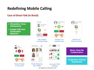 Redefining Mobile Calling
Case of Direct-Talk (in Brazil)
Talk Instantly
w/o Setup Delay
Whisper-in to Indicate Intent
Whisper-out, Shout or Answer Shout, Whisper or Text Invite Check Response, Run Huddle Customize Vertical Experience
Mimic Real-life Collaboration Join Later if Still Huddling
 Streamline Voice Interactions
 Enable Efficient, Predictable Behavior
Ali.Saghaeian [at] gmail.com
 