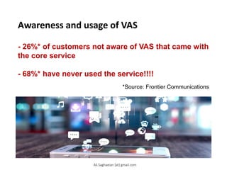 Awareness and usage of VAS
- 26%* of customers not aware of VAS that came with
the core service
- 68%* have never used the service!!!!
*Source: Frontier Communications
Ali.Saghaeian [at] gmail.com
 