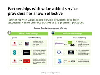 Partnerships with value added service
providers has shown effective
Partnering with value added service providers have been
successful way to promote uptake of LTE premium packages
Sample Entertainment package offerings
Operator
Value Added Offering
Operator
Value Added Offering
Vodafone Red 4G entertainment packs, Sky Sports 1 & 2, anywhere
VOD service where EE cover any mobile data you use to stream and download films
Vodafone is in the final stages of expanding its LTE offering to include Netflix
Premium LTE packages comes bundled with HBO & Spotify premium
O2 LTE subscribers can download exclusively games for free from Gameloft
6 month free access to premium package services
Ali.Saghaeian [at] gmail.com
 