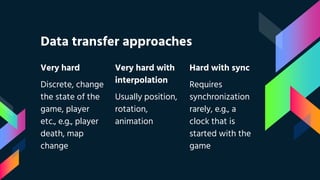 Data transfer approaches
Very hard
Discrete, change
the state of the
game, player
etc., e.g., player
death, map
change
Very hard with
interpolation
Usually position,
rotation,
animation
Hard with sync
Requires
synchronization
rarely, e.g., a
clock that is
started with the
game
 