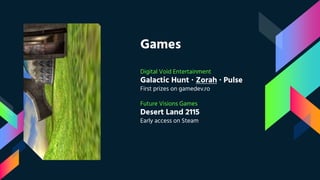 Games
Digital Void Entertainment
Galactic Hunt ∙ Zorah ∙ Pulse
First prizes on gamedev.ro
Future Visions Games
Desert Land 2115
Early access on Steam
 
