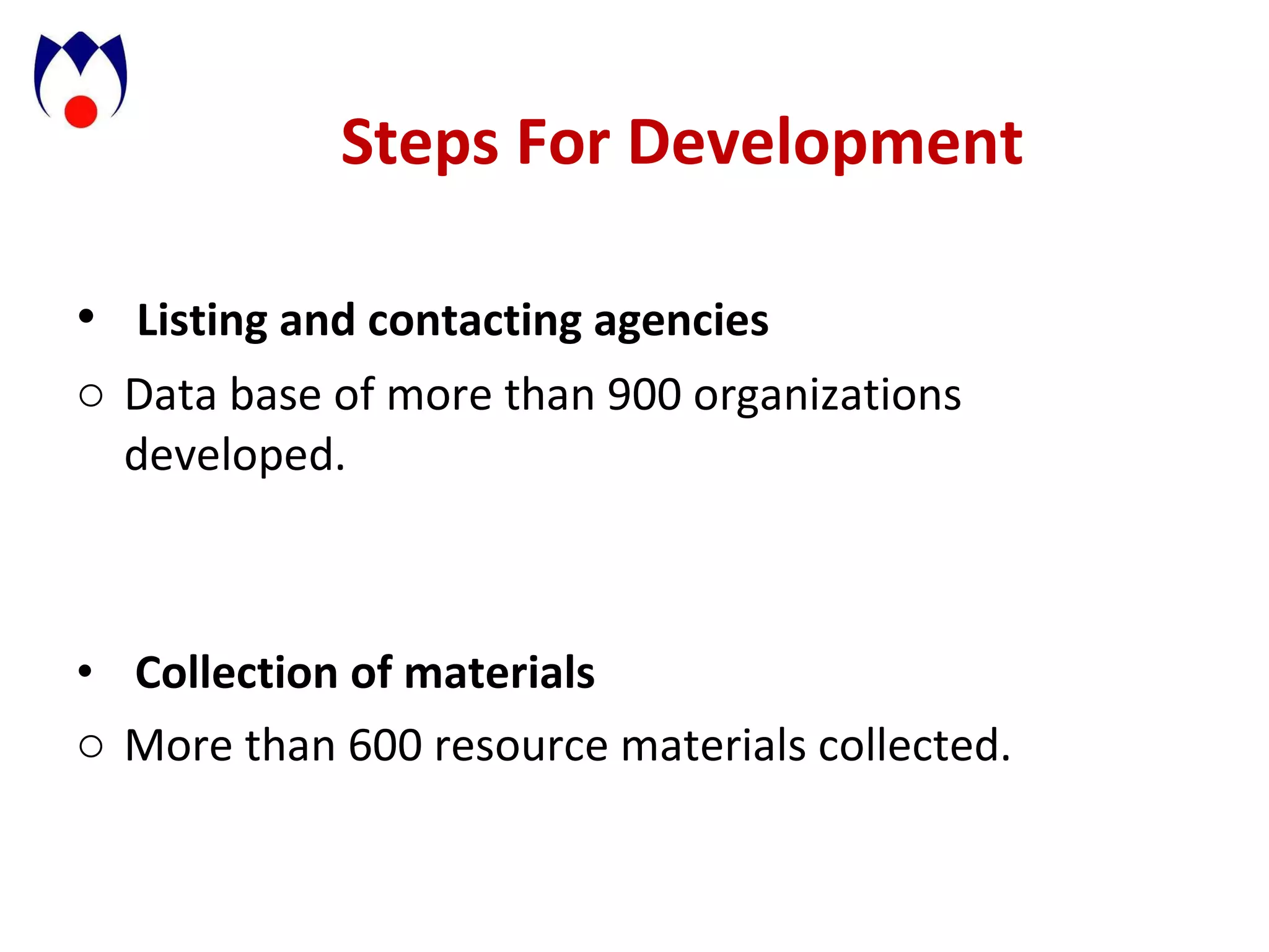 Steps For Development Listing and contacting agencies Data base of more than 900 organizations developed. Collection of materials More than 600 resource materials collected. 