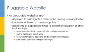  All pluggable websites are:
 deployed to a designated folder in the hosting web application
 loaded and filtered at the start-up time
 called into at appropriate times to perform initialization or other
business logic
 metadata about site name, priority, and dependencies
 routing table and constraints
 resources for labels, captions, and notification messages
 overridden controller or repository logic
Pluggable Website
 