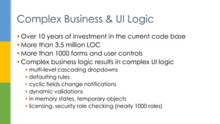  Over 10 years of investment in the current code base
 More than 3.5 million LOC
 More than 1000 forms and user controls
 Complex business logic results in complex UI logic
 multi-level cascading dropdowns
 defaulting rules
 cyclic fields change notifications
 dynamic validations
 in memory states, temporary objects
 licensing, security role checking (nearly 1000 roles)
Complex Business & UI Logic
 