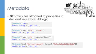  .NET attributes attached to properties to
declaratively express UI logic
Metadata
[ReadOnly(true)]
public string A { get; set; }
[Visible(Property="A", Is="Foo")]
public int B { get; set; }
[OnChange(Send="Currency,Amount", Refresh="Rate,CalculationDate")]
public string D { get; set; }
[Enabled(Property="B", IsGreaterThan=1)]
public string C { get; set; }
 