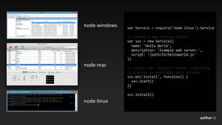 author.io
node-windows
node-linux
node-mac
var Service = require('node-linux').Service
// Create a new service object
var svc = new Service({
name: 'Hello World',
description: 'Example web server.',
script: '/path/to/helloworld.js'
})
// Listen for "install" event, indicating
// process is available as a service.
svc.on('install', function() {
svc.start()
})
svc.install()
 