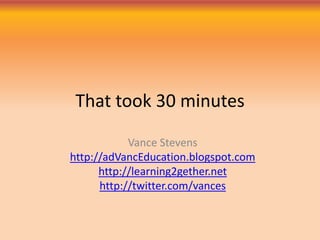That took 30 minutes
Vance Stevens
http://adVancEducation.blogspot.com
http://learning2gether.net
http://twitter.com/vances
 