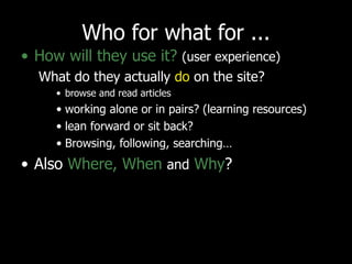 Who for what for ... How will they use it?   (user experience) What do they actually  do  on the site?  browse and read articles working alone or in pairs? (learning resources) lean forward or sit back? Browsing, following, searching… Also  Where, When  and  Why ? 