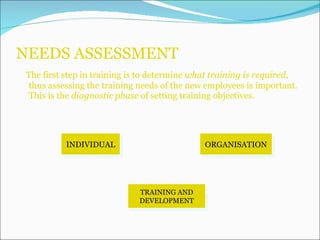 NEEDS ASSESSMENT   The first step in training is to determine  what training is required , thus assessing the training needs of the new employees is important. This is the  diagnostic phase  of setting training objectives. INDIVIDUAL ORGANISATION TRAINING AND DEVELOPMENT 