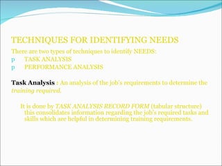 TECHNIQUES FOR IDENTIFYING NEEDS There are two types of techniques to identify NEEDS: TASK ANALYSIS PERFORMANCE ANALYSIS Task Analysis  :  An analysis of the job’s requirements to determine the  training required. It is done by  TASK ANALYSIS RECORD FORM  (tabular structure) this consolidates information regarding the job’s required tasks and skills which are helpful in determining training requirements. 