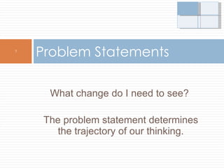 What change do I need to see?  The problem statement determines the trajectory of our thinking. Problem Statements 