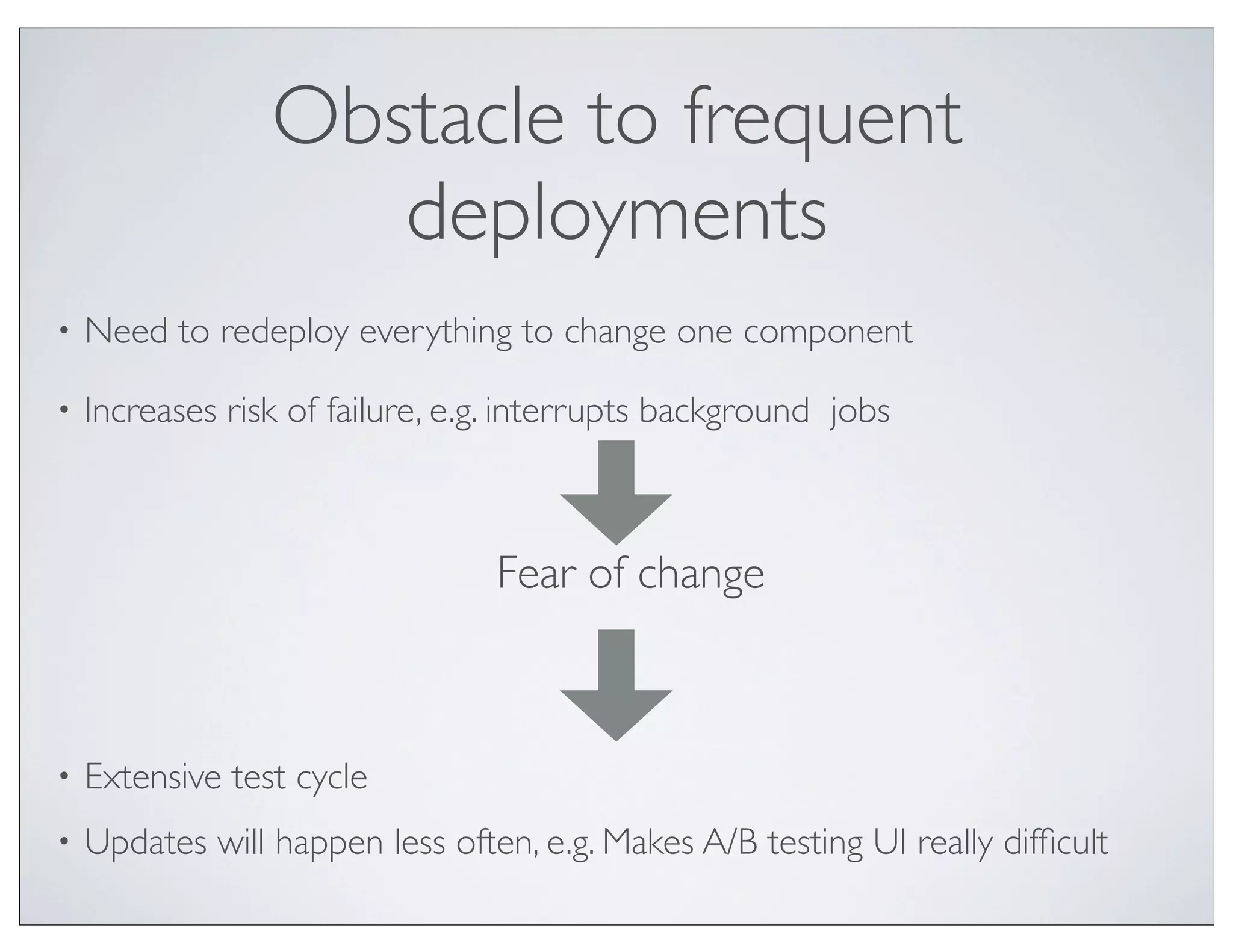 Obstacle to frequent
                    deployments
•   Need to redeploy everything to change one component

•   Increases risk of failure, e.g. interrupts background jobs



                                 Fear of change



•   Extensive test cycle
•   Updates will happen less often, e.g. Makes A/B testing UI really difﬁcult
 