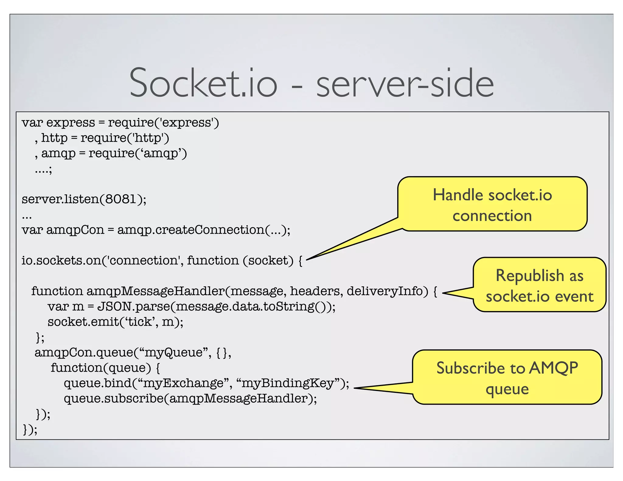 Socket.io - server-side
var express = require('express')
  , http = require('http')
  , amqp = require(‘amqp’)
  ....;

server.listen(8081);                                       Handle socket.io
...                                                          connection
var amqpCon = amqp.createConnection(...);

io.sockets.on('connection', function (socket) {
                                                                   Republish as
  function amqpMessageHandler(message, headers, deliveryInfo) {   socket.io event
      var m = JSON.parse(message.data.toString());
      socket.emit(‘tick’, m);
   };
   amqpCon.queue(“myQueue”, {},
       function(queue) {                                       Subscribe to AMQP
         queue.bind(“myExchange”, “myBindingKey”);
         queue.subscribe(amqpMessageHandler);
                                                                     queue
   });
});
 