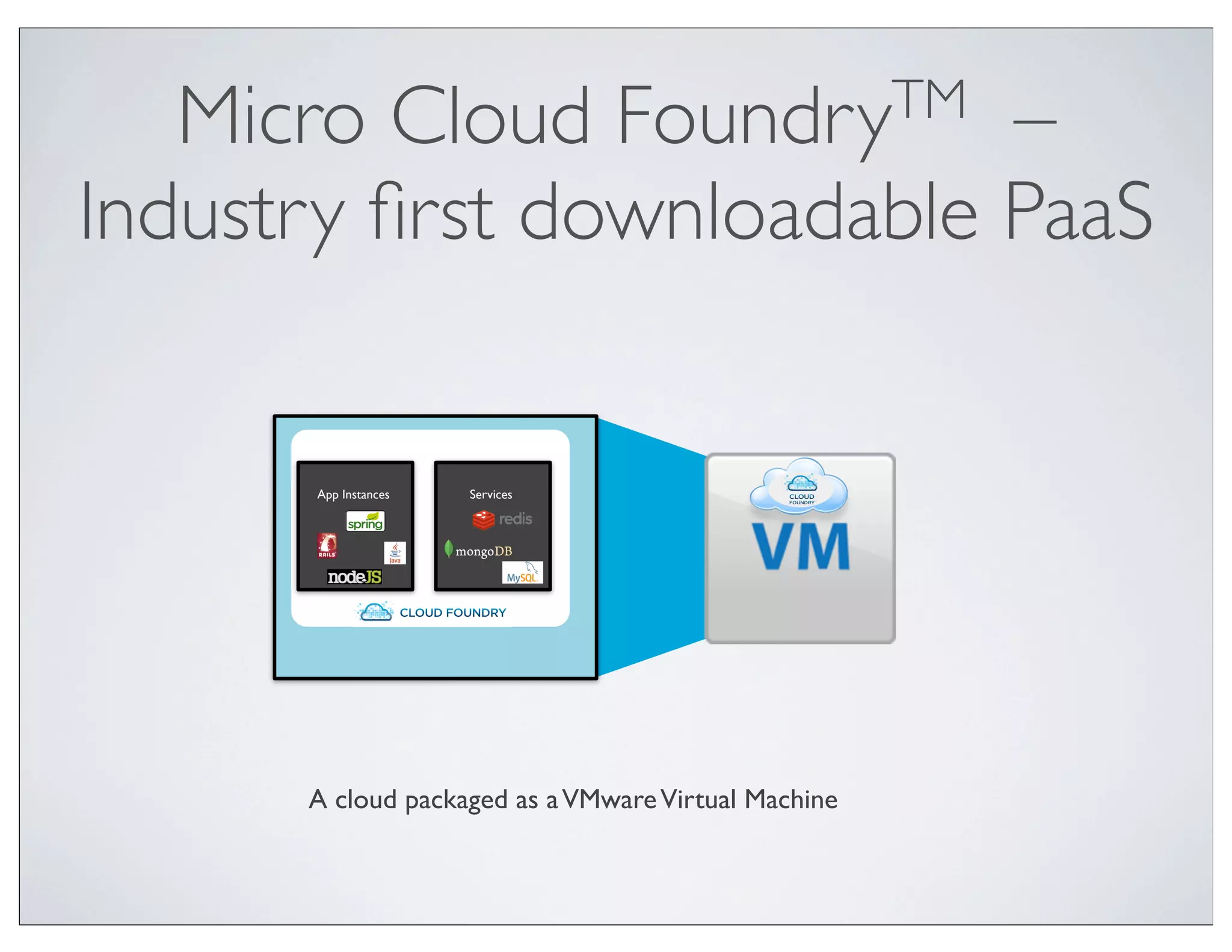 Micro Cloud             –                                 FoundryTM

Industry ﬁrst downloadable PaaS


      App Instances                               Services




      Open source Platform as a Service project




      A cloud packaged as a VMware Virtual Machine
 