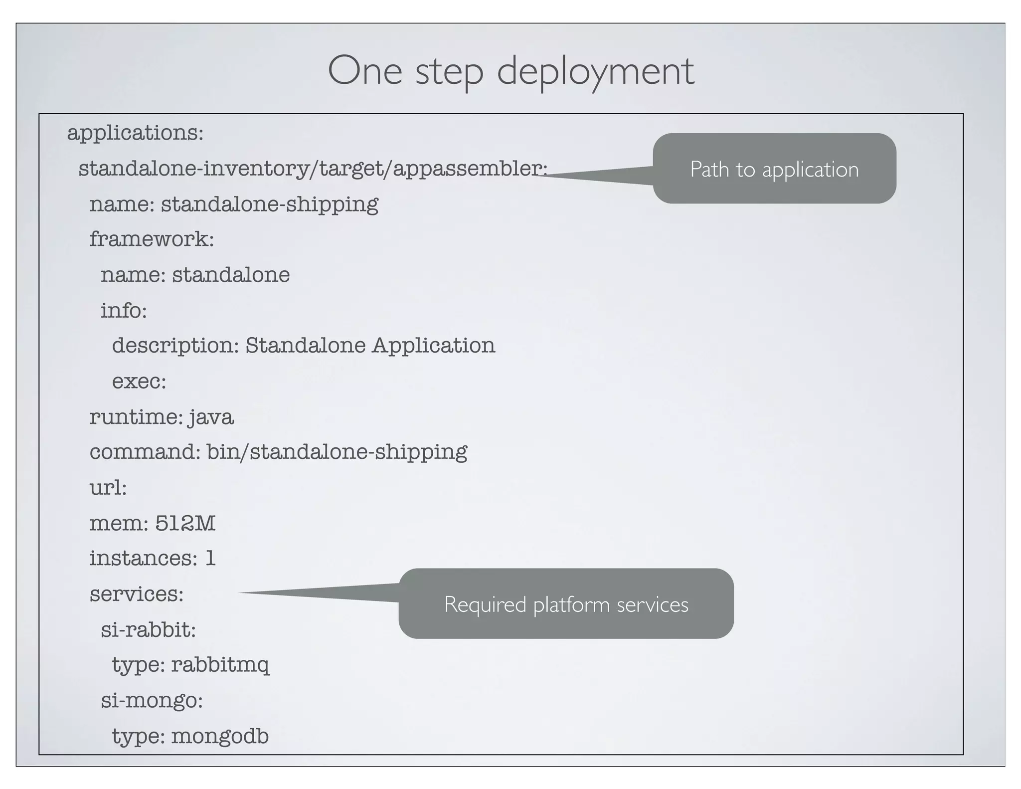 One step deployment
applications:
 standalone-inventory/target/appassembler:                     Path to application
  name: standalone-shipping
  framework:
   name: standalone
   info:
    description: Standalone Application
    exec:
  runtime: java
  command: bin/standalone-shipping
  url:
  mem: 512M
  instances: 1
  services:                       Required platform services
   si-rabbit:
    type: rabbitmq
   si-mongo:
    type: mongodb
 