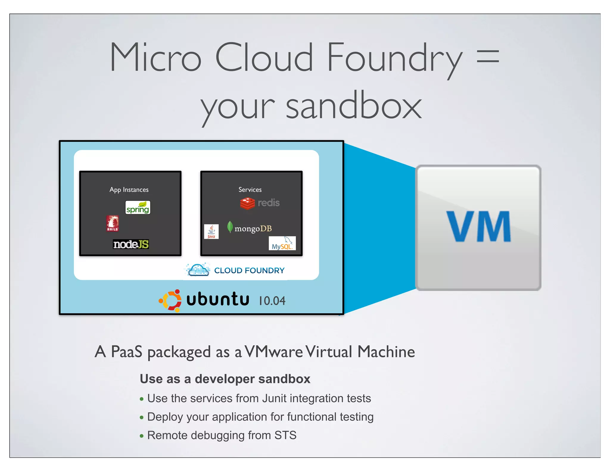 Micro Cloud Foundry =
             your sandbox
         App Instances                           Services




Open source Platform as a Service project




                                                       10.04



A PaaS packaged as a VMware Virtual Machine
                             Use as a developer sandbox
                             • Use the services from Junit integration tests
                             • Deploy your application for functional testing
                             • Remote debugging from STS
 