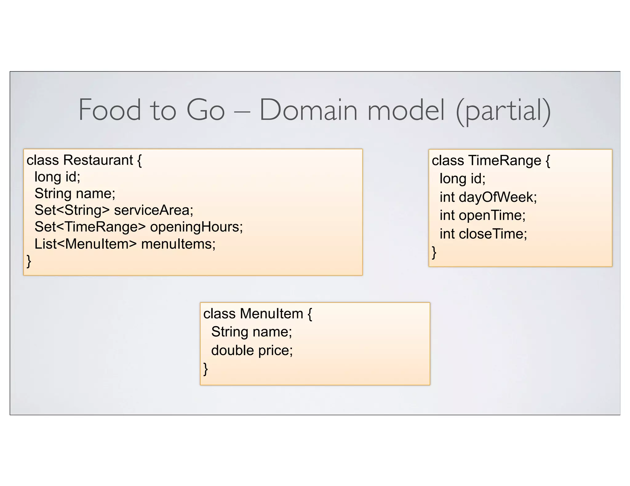 Food to Go – Domain model (partial)
class Restaurant {                         class TimeRange {
  long id;                                   long id;
  String name;                               int dayOfWeek;
  Set<String> serviceArea;                   int openTime;
  Set<TimeRange> openingHours;               int closeTime;
  List<MenuItem> menuItems;
                                           }
}


                        class MenuItem {
                          String name;
                          double price;
                        }
 