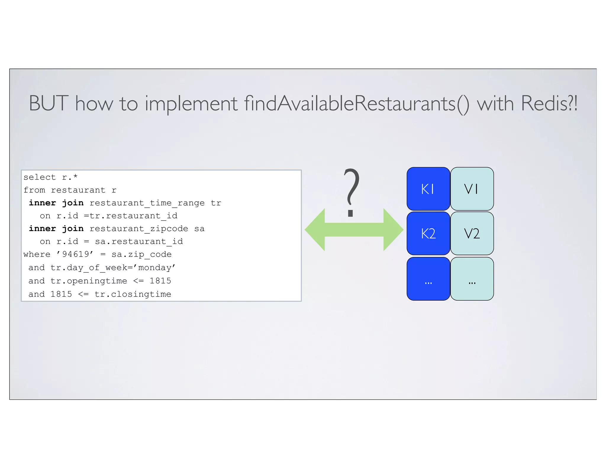 BUT how to implement ﬁndAvailableRestaurants() with Redis?!



                                       ?
select r.*
from restaurant r                          K1    V1
 inner join restaurant_time_range tr
   on r.id =tr.restaurant_id
 inner join restaurant_zipcode sa
   on r.id = sa.restaurant_id
                                           K2    V2
where ’94619’ = sa.zip_code
 and tr.day_of_week=’monday’
 and tr.openingtime <= 1815                ...   ...
 and 1815 <= tr.closingtime
 