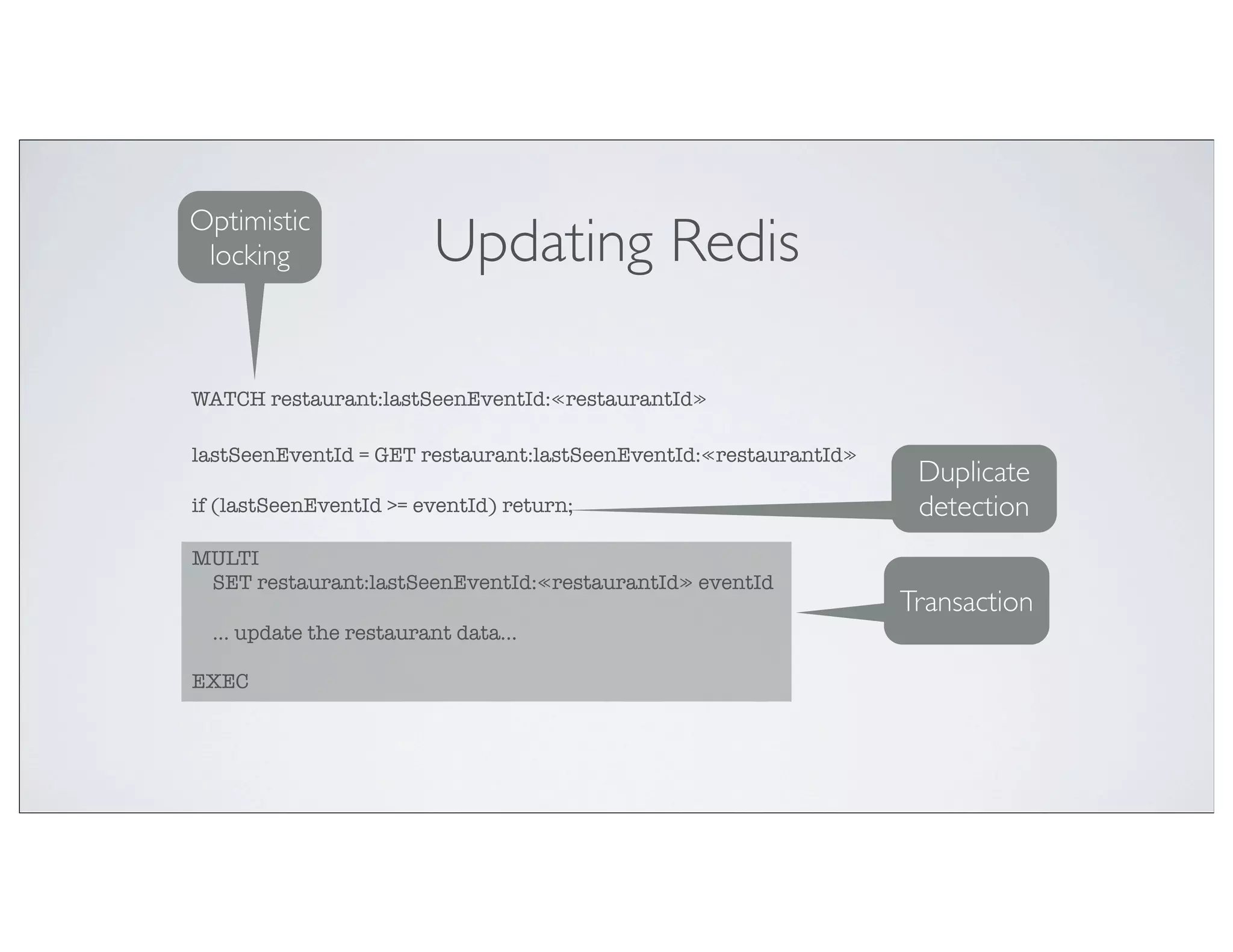 Optimistic
 locking                 Updating Redis

WATCH restaurant:lastSeenEventId:≪restaurantId≫

lastSeenEventId = GET restaurant:lastSeenEventId:≪restaurantId≫
                                                                   Duplicate
if (lastSeenEventId >= eventId) return;                            detection
MULTI
 SET restaurant:lastSeenEventId:≪restaurantId≫ eventId
                                                                  Transaction
  ... update the restaurant data...

EXEC
 