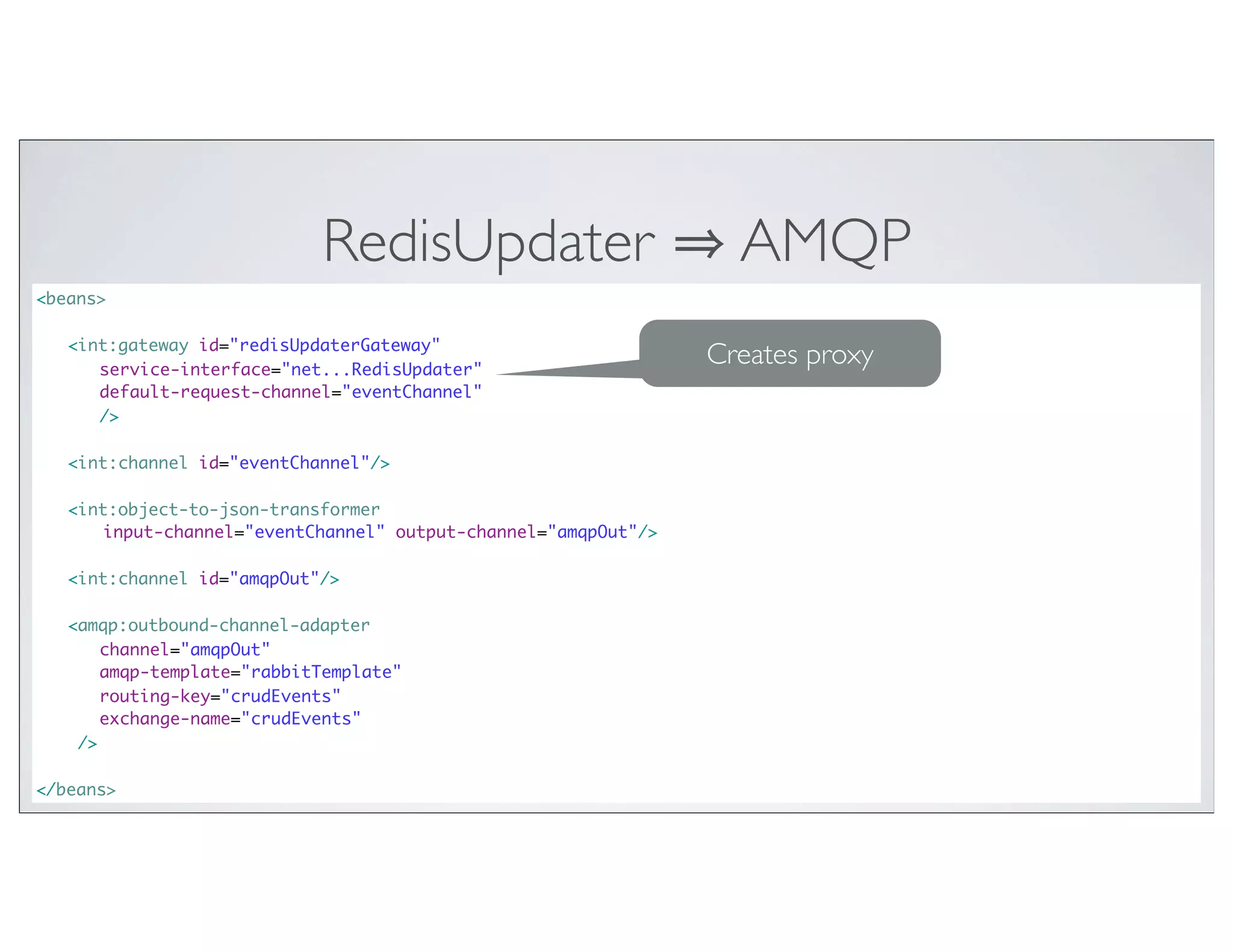 RedisUpdater                           AMQP
<beans>

	   <int:gateway id="redisUpdaterGateway"
     	 service-interface="net...RedisUpdater"
                                                                  Creates proxy
	   	 default-request-channel="eventChannel"
     	 />

	   <int:channel id="eventChannel"/>

	   <int:object-to-json-transformer
        input-channel="eventChannel" output-channel="amqpOut"/>

	   <int:channel id="amqpOut"/>

	   <amqp:outbound-channel-adapter
	   	 channel="amqpOut"
	   	 amqp-template="rabbitTemplate"
	   	 routing-key="crudEvents"
	   	 exchange-name="crudEvents"
	    />

</beans>
 