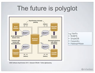 The future is polyglot


                                                                        e.g. Netﬂix
                                                                        • RDBMS
                                                                        • SimpleDB
                                                                        • Cassandra
                                                                        • Hadoop/Hbase




IEEE Software Sept/October 2010 - Debasish Ghosh / Twitter @debasishg




                                                                                   @crichardson
 