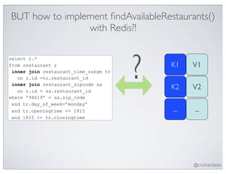 BUT how to implement ﬁndAvailableRestaurants()
                with Redis?!



                                       ?
select r.*
from restaurant r                          K1    V1
 inner join restaurant_time_range tr
   on r.id =tr.restaurant_id
 inner join restaurant_zipcode sa
   on r.id = sa.restaurant_id
                                           K2    V2
where ’94619’ = sa.zip_code
 and tr.day_of_week=’monday’
 and tr.openingtime <= 1815                ...   ...
 and 1815 <= tr.closingtime




                                                 @crichardson
 