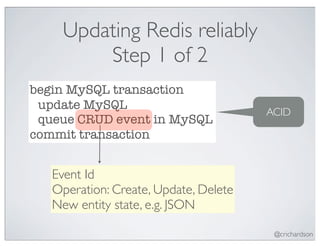 Updating Redis reliably
        Step 1 of 2
begin MySQL transaction
 update MySQL
                                       ACID
 queue CRUD event in MySQL
commit transaction


   Event Id
   Operation: Create, Update, Delete
   New entity state, e.g. JSON

                                        @crichardson
 