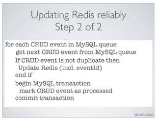 Updating Redis reliably
           Step 2 of 2
for each CRUD event in MySQL queue
    get next CRUD event from MySQL queue
    If CRUD event is not duplicate then
     Update Redis (incl. eventId)
    end if
    begin MySQL transaction
      mark CRUD event as processed
    commit transaction

                                       @crichardson
 