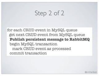 Step 2 of 2

for each CRUD event in MySQL queue
 get next CRUD event from MySQL queue
  Publish persistent message to RabbitMQ
  begin MySQL transaction
   mark CRUD event as processed
  commit transaction



                                     @crichardson
 