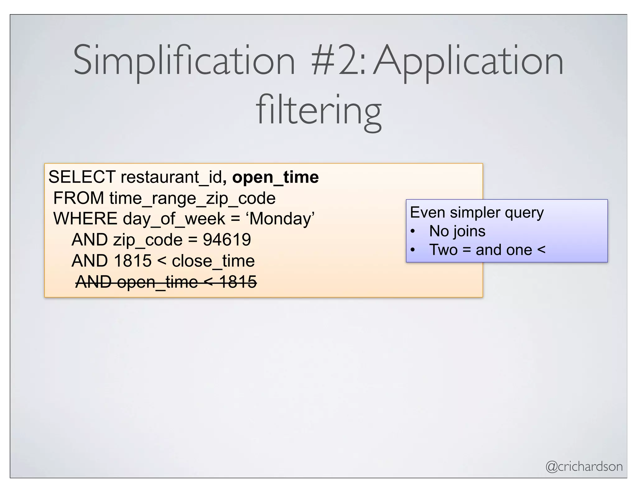 @crichardson
Simpliﬁcation #2:Application
ﬁltering
SELECT restaurant_id, open_time
FROM time_range_zip_code
WHERE day_of_week = ‘Monday’
AND zip_code = 94619
AND 1815 < close_time
AND open_time < 1815
Even simpler query
• No joins
• Two = and one <
 