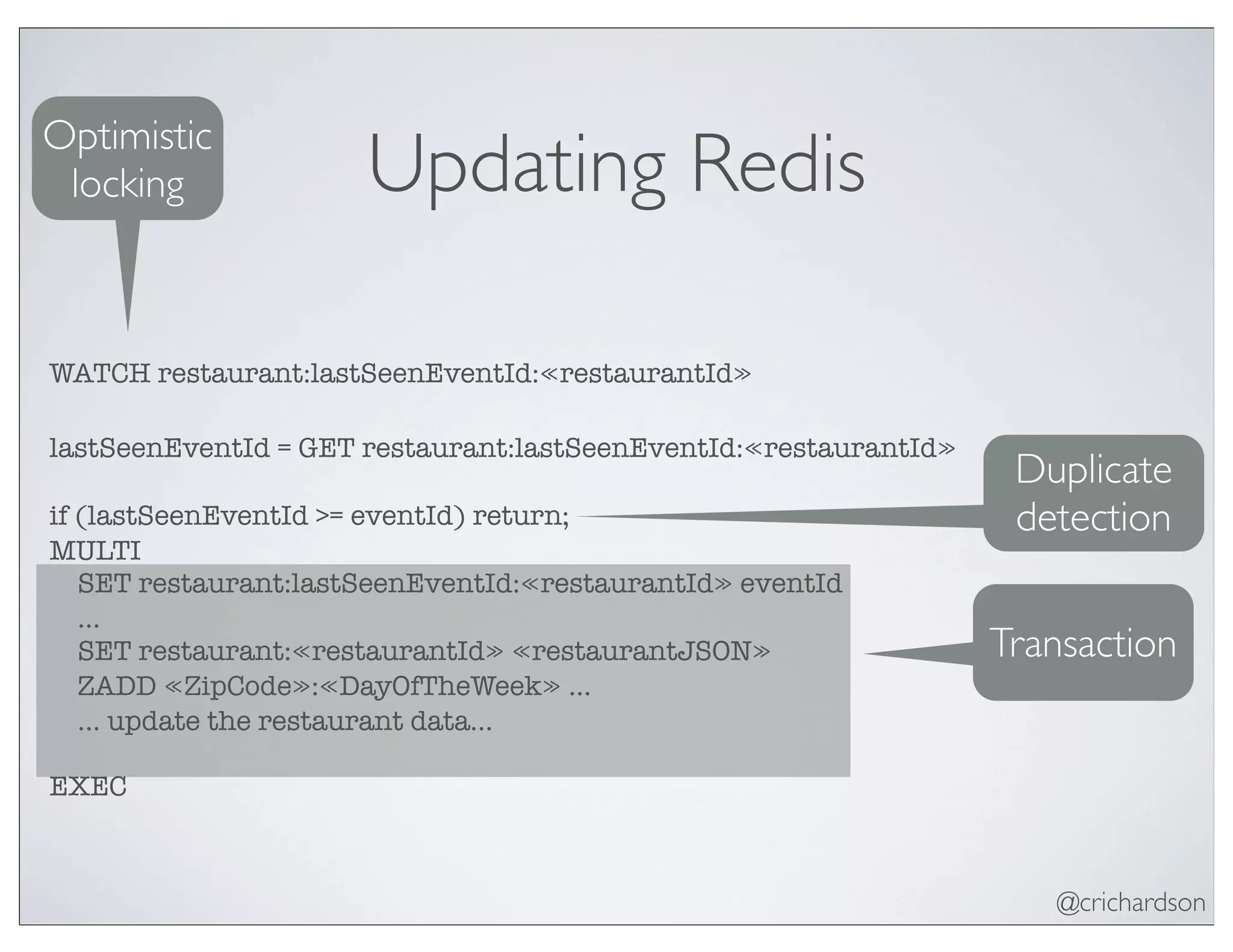 @crichardson
Updating Redis
WATCH restaurant:lastSeenEventId:≪restaurantId≫
Optimistic
locking
Duplicate
detection
lastSeenEventId = GET restaurant:lastSeenEventId:≪restaurantId≫
if (lastSeenEventId >= eventId) return;
Transaction
MULTI
SET restaurant:lastSeenEventId:≪restaurantId≫ eventId
...
SET restaurant:≪restaurantId≫ ≪restaurantJSON≫
ZADD ≪ZipCode≫:≪DayOfTheWeek≫ ...
... update the restaurant data...
EXEC
 