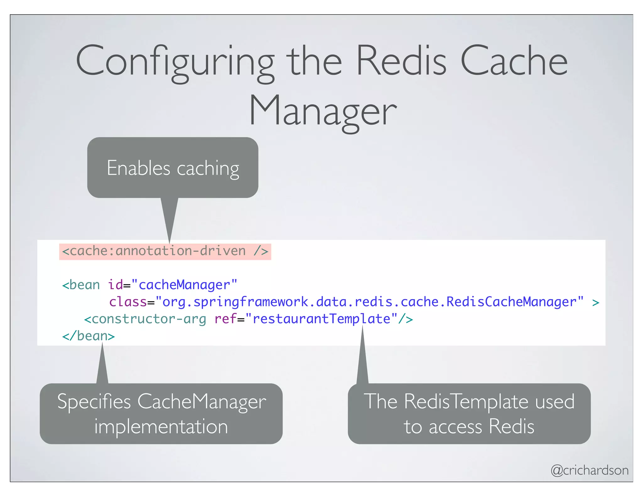 @crichardson
Conﬁguring the Redis Cache
Manager
	 <cache:annotation-driven />
	 <bean id="cacheManager"
class="org.springframework.data.redis.cache.RedisCacheManager" >
	 	 <constructor-arg ref="restaurantTemplate"/>
	 </bean>
Enables caching
Speciﬁes CacheManager
implementation
The RedisTemplate used
to access Redis
 
