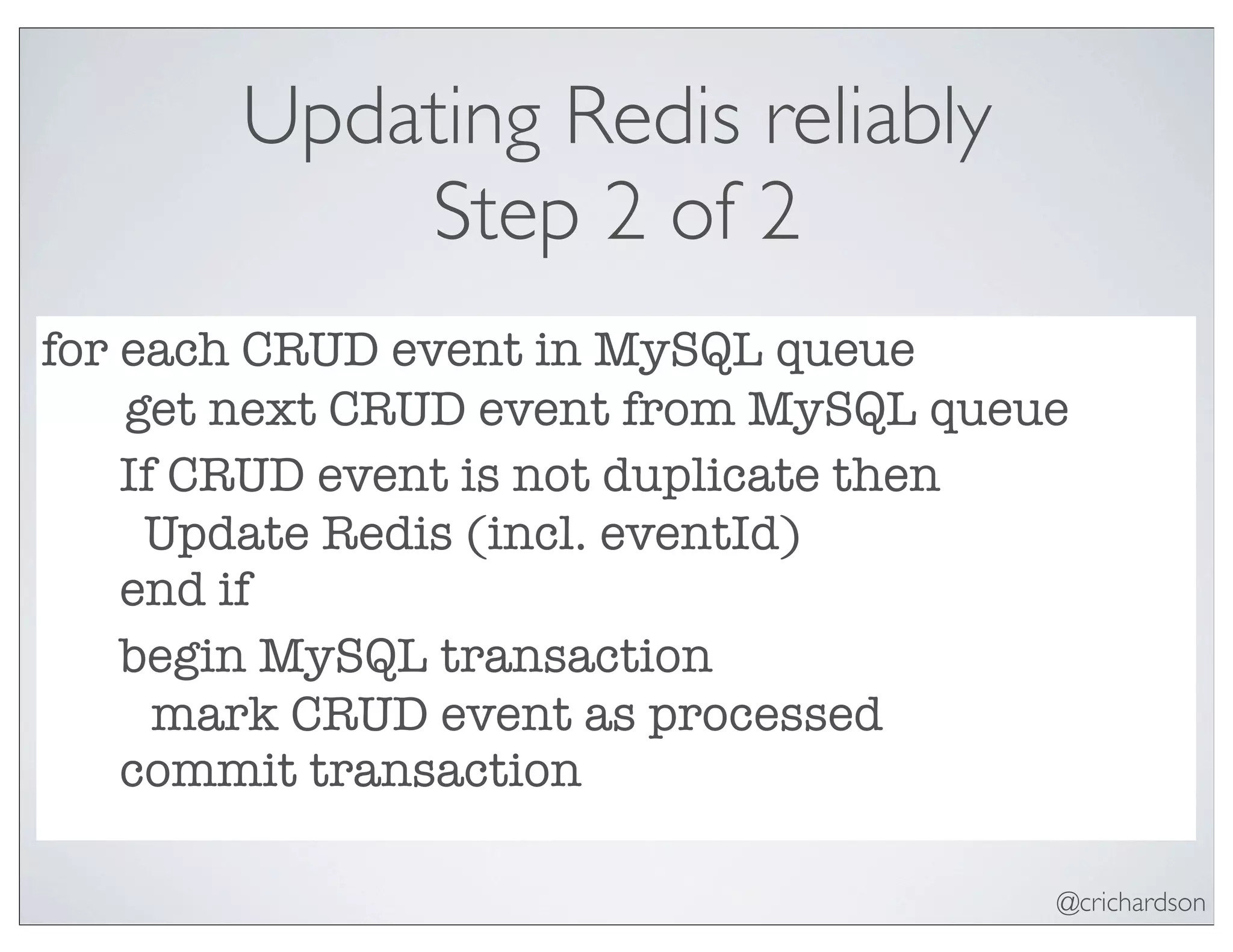 @crichardson
Updating Redis reliably
Step 2 of 2
for each CRUD event in MySQL queue
get next CRUD event from MySQL queue
If CRUD event is not duplicate then
Update Redis (incl. eventId)
end if
begin MySQL transaction
mark CRUD event as processed
commit transaction
 