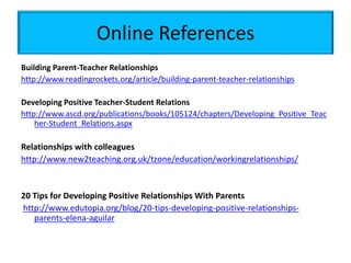 Online References
Building Parent-Teacher Relationships
http://www.readingrockets.org/article/building-parent-teacher-relationships
Developing Positive Teacher-Student Relations
http://www.ascd.org/publications/books/105124/chapters/Developing_Positive_Teac
her-Student_Relations.aspx
Relationships with colleagues
http://www.new2teaching.org.uk/tzone/education/workingrelationships/
20 Tips for Developing Positive Relationships With Parents
http://www.edutopia.org/blog/20-tips-developing-positive-relationships-
parents-elena-aguilar
 