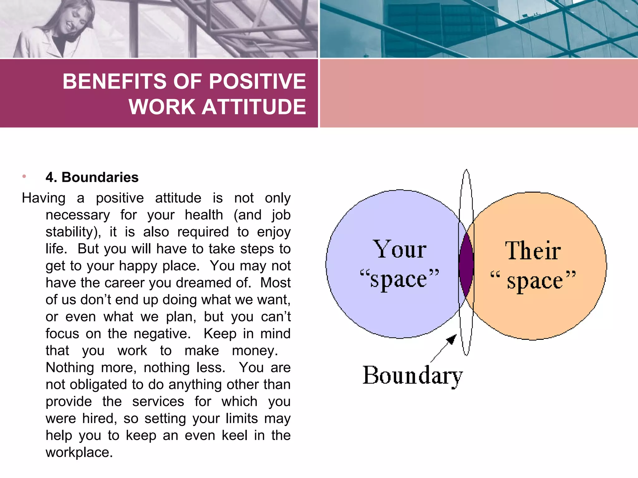 BENEFITS OF POSITIVE
           WORK ATTITUDE


•  4. Boundaries
Having a positive attitude is not only
   necessary for your health (and job
   stability), it is also required to enjoy
   life. But you will have to take steps to
   get to your happy place. You may not
   have the career you dreamed of. Most
   of us don’t end up doing what we want,
   or even what we plan, but you can’t
   focus on the negative. Keep in mind
   that you work to make money.
   Nothing more, nothing less. You are
   not obligated to do anything other than
   provide the services for which you
   were hired, so setting your limits may
   help you to keep an even keel in the
   workplace.
 