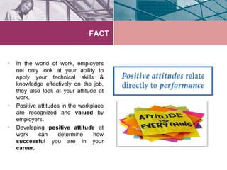 FACT


•   In the world of work, employers
    not only look at your ability to
    apply your technical skills &
    knowledge effectively on the job,
    they also look at your attitude at
    work.
•   Positive attitudes in the workplace
    are recognized and valued by
    employers.
•   Developing positive attitude at
    work     can     determine     how
    successful you are in your
    career.
 