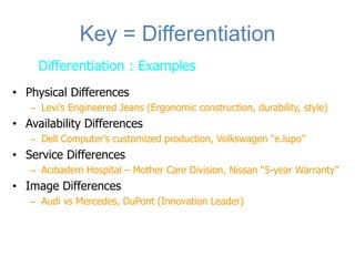 Key = Differentiation
     Differentiation : Examples
• Physical Differences
   – Levi’s Engineered Jeans (Ergonomic construction, durability, style)
• Availability Differences
   – Dell Computer’s customized production, Volkswagen “e.lupo”
• Service Differences
   – Acıbadem Hospital – Mother Care Division, Nissan “5-year Warranty”
• Image Differences
   – Audi vs Mercedes, DuPont (Innovation Leader)
 