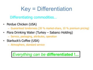 Key = Differentiation
    Differentiating commodities…
• Perdue Chicken (USA)
   – Guaranteed tenderness (30 % market-share, 10 % premium pricing)
• Flora Drinking Water (Turkey – Sabancı Holding)
   – Service, packaging, attributes, operation
• Starbuck’s Coffee (USA)
   – Atmosphere, standard service


       Everything can be differentiated !...
 