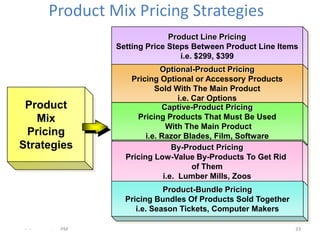 Product Mix Pricing Strategies
                              Product Line Pricing
                Setting Price Steps Between Product Line Items
                                 i.e. $299, $399
                             Optional-Product Pricing
                   Pricing Optional or Accessory Products
                           Sold With The Main Product
                                   i.e. Car Options
 Product                     Captive-Product Pricing
   Mix               Pricing Products That Must Be Used
                               With The Main Product
 Pricing                i.e. Razor Blades, Film, Software
Strategies                       By-Product Pricing
                  Pricing Low-Value By-Products To Get Rid
                                        of Them
                              i.e. Lumber Mills, Zoos
                             Product-Bundle Pricing
                  Pricing Bundles Of Products Sold Together
                     i.e. Season Tickets, Computer Makers

 - -   .   PM                                                 33
 
