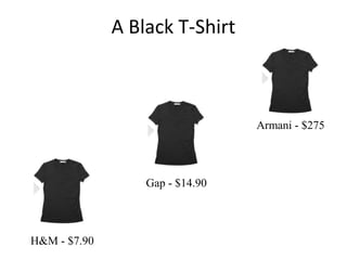 A Black T-Shirt
Armani - $275
Gap - $14.90
H&M - $7.90
 