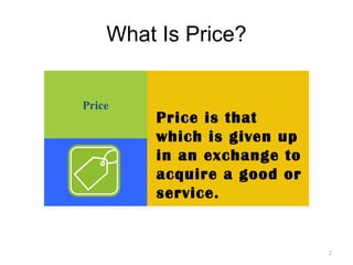 PricePrice
What Is Price?
2
Price is that
which is given up
in an exchange to
acquire a good or
service.
 
