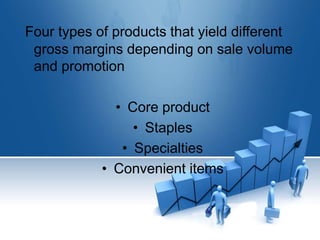 Four types of products that yield different
gross margins depending on sale volume
and promotion
• Core product
• Staples
• Specialties
• Convenient items
 