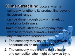 Line Stretching occurs when a
company lengthens its product line beyond
its current range.
It can be done through down- market, up
market or both ways.
Down market stretch – company may
want to introduce a lower – Priced line for
any of the three reasons :
1. The company may notice strong growth
opportunities as mass retailers.
2. The company may wish to tie up lower-
end competitor who might otherwise try to
 