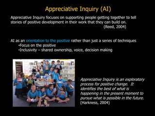 Appreciative Inquiry (AI)
Appreciative Inquiry focuses on supporting people getting together to tell
stories of positive development in their work that they can build on.
(Reed, 2004)
AI as an orientation to the positive rather than just a series of techniques
•Focus on the positive
•Inclusivity – shared ownership, voice, decision making
Appreciative Inquiry is an exploratory
process for positive change. It
identifies the best of what is
happening in the present moment to
pursue what is possible in the future.
(Harkness, 2004)
 