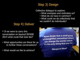 Step 3) Design
Collective dialogue to explore;
• What energises and motivates us?
• What do we have in common?
• What could we do collectively that
we couldn’t do individually?
Step 4) Deliver
• If we were to carry this
conversation on beyond INTASE
2014 what could that look like?
• What opportunities are there for us
to further these conversations?
• What would we like to achieve?
 