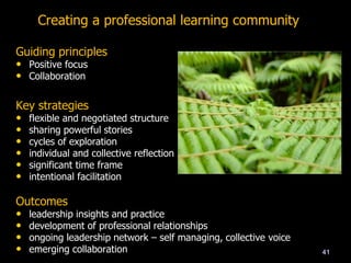 Creating a professional learning community
Guiding principles
• Positive focus
• Collaboration
Key strategies
• flexible and negotiated structure
• sharing powerful stories
• cycles of exploration
• individual and collective reflection
• significant time frame
• intentional facilitation
Outcomes
• leadership insights and practice
• development of professional relationships
• ongoing leadership network – self managing, collective voice
• emerging collaboration 41
 